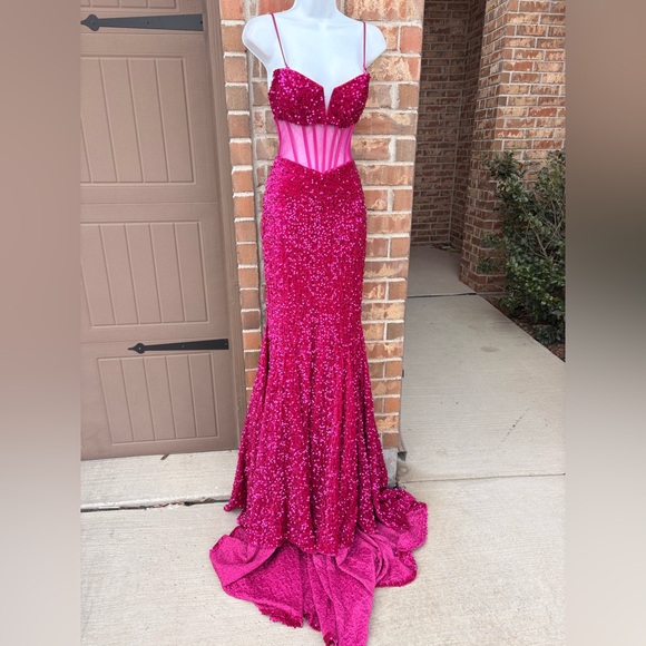 Alyce Paris Fuchsia Plush Sequins Strapless Sheer Top Dress size 00 - Picture 14 of 15